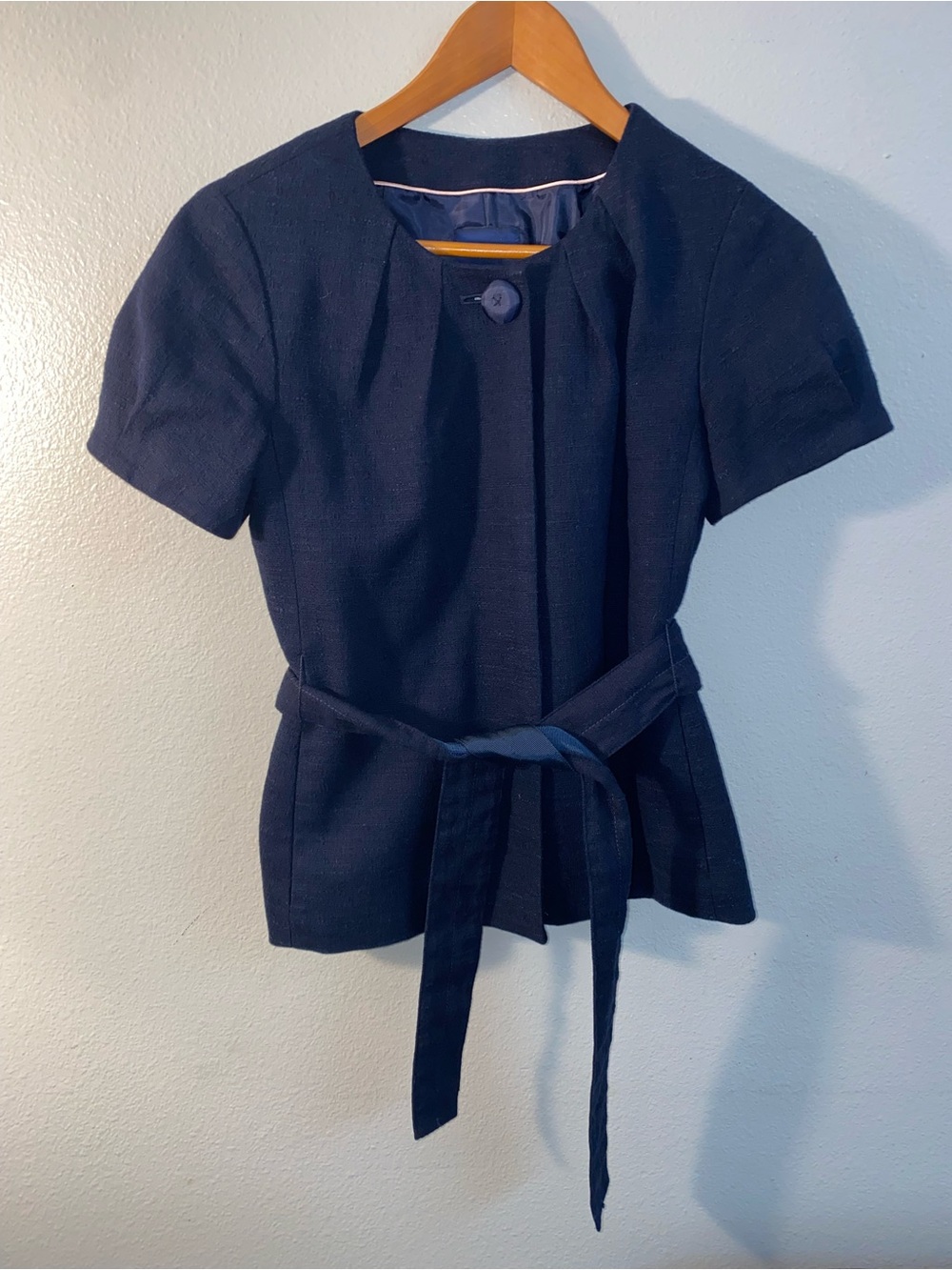 J. Crew Navy Blue Textured Short Sleeve Belted Tie Waist Jacket Size 4